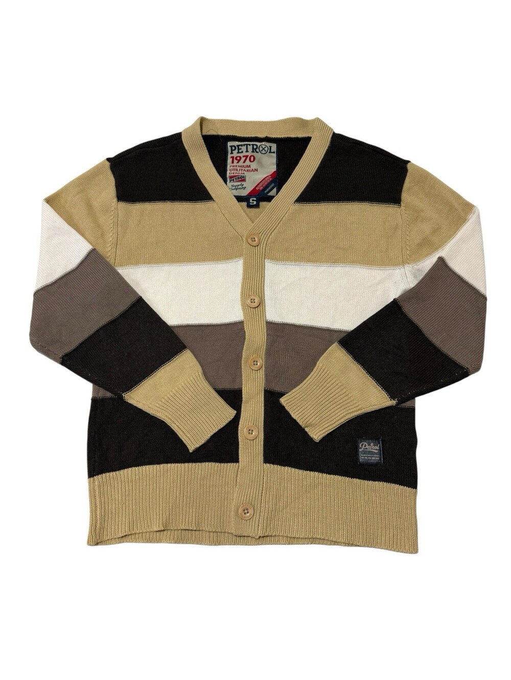 Vtg Petrol 1970 Colorblock Cardigan Sweater Small Brown Tan Striped V-Neck Men’s